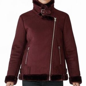 Topshop Burgundy Silver Buckle Size 4 Suede Moto Jacket Fur Lined Zip Biker Coat